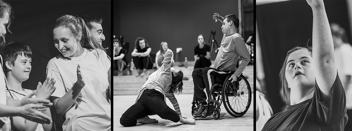 A montage of three images showing people moving and dancing, one of whom is in a wheelchair.