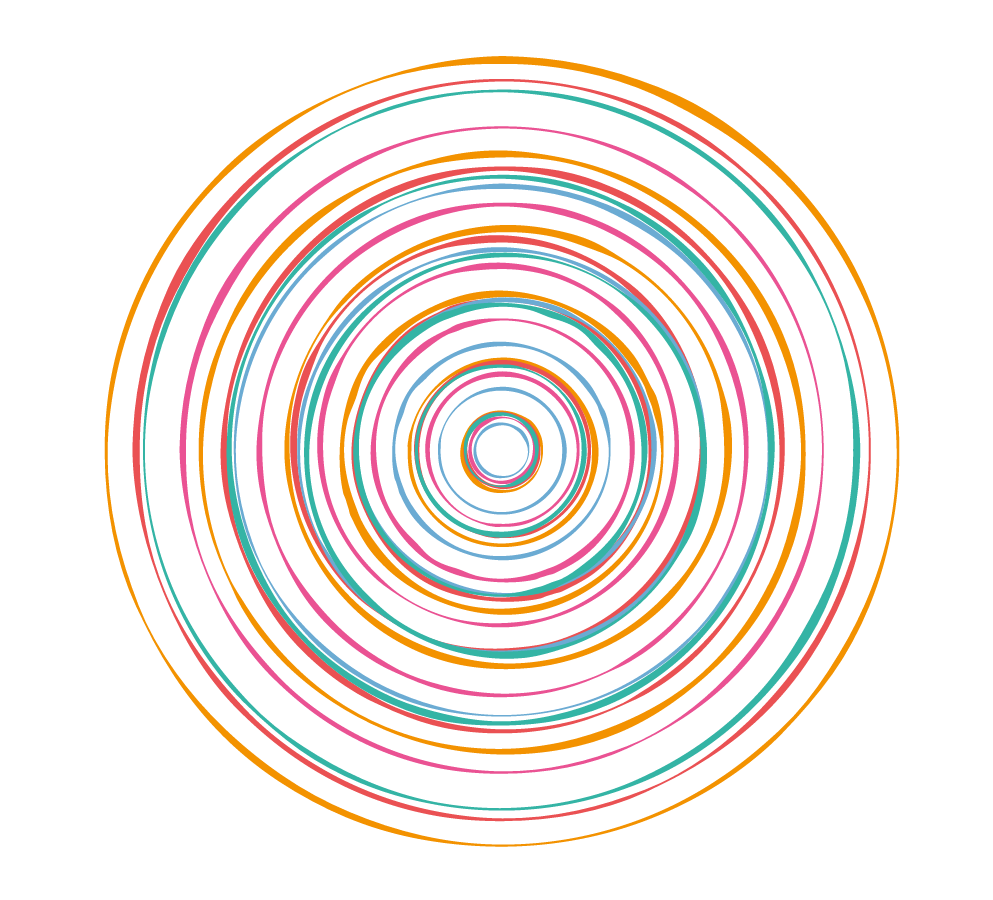 A series of multi coloured circles ranging from small in the centre to large on the outside.
