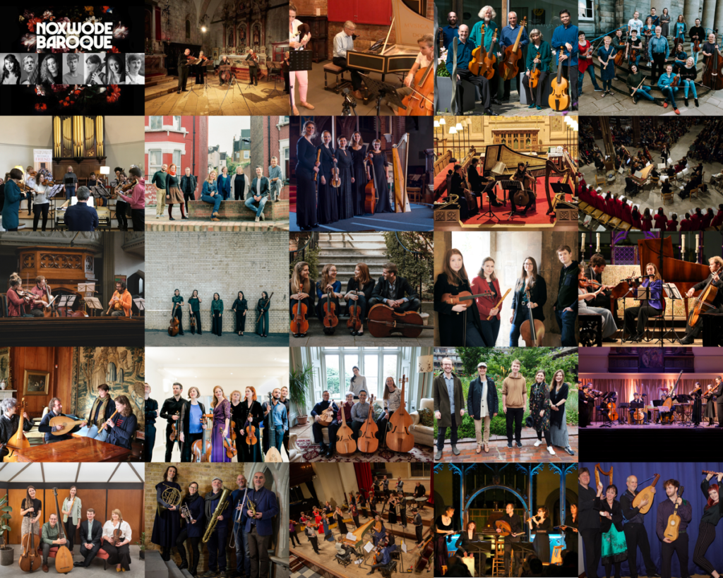 A collage of 25 artists and ensembles photos in a grid