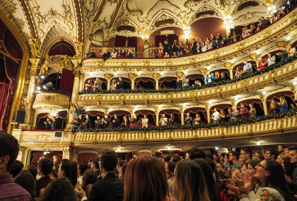 Interior of a theatre with audience standing and applauding